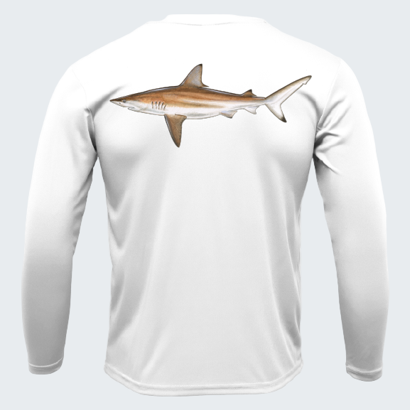 White long-sleeve shirt with a shark design on a white background