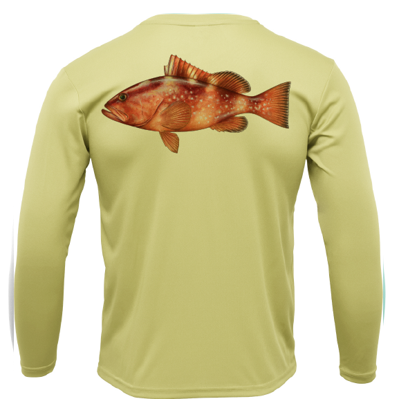 Light green long-sleeve shirt with a fish design on the back against a white background