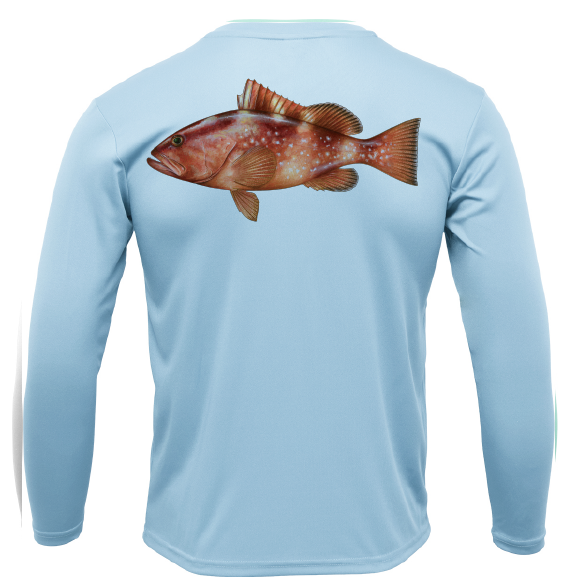 Light blue long-sleeve shirt with a fish graphic on the back against a white background