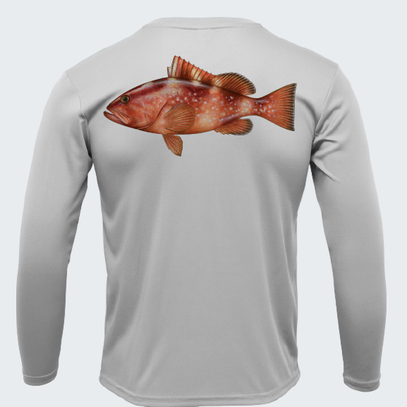 Gray long-sleeve shirt with a red fish graphic on the back against a white background