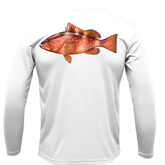 White long-sleeve shirt with a red fish graphic on a white background