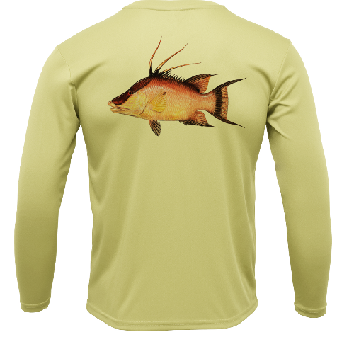 Light green long-sleeve shirt with a fish design on the back against a white background