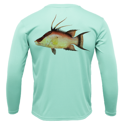 Light blue long-sleeve shirt with a fish graphic on the back against a white background