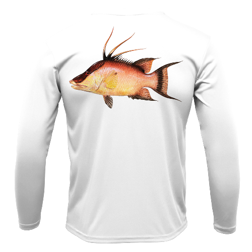 White long-sleeve shirt with a fish design on a white background