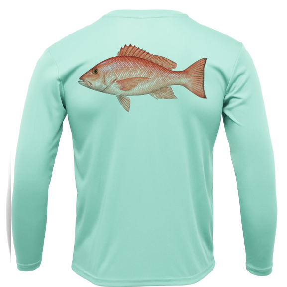Mint green long-sleeve shirt with a red fish graphic on the back against a white background