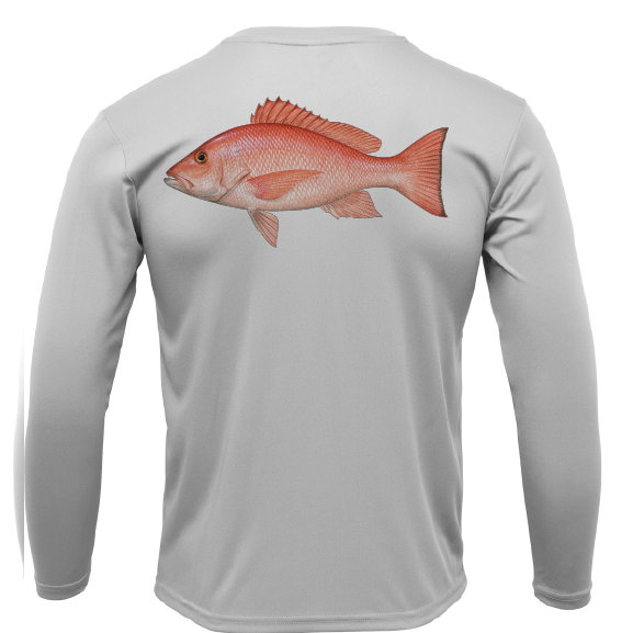 Gray long-sleeve shirt with a red fish graphic on the back against a white background