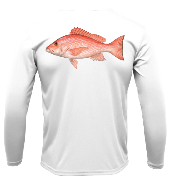 White long-sleeve shirt with a red fish graphic on a white background