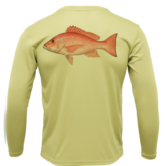 Light green long-sleeve shirt with a red fish graphic on the back against a white background