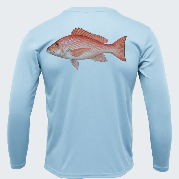 Light blue long-sleeve shirt with a red fish graphic on the back against a white background