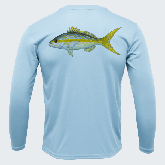 Light blue long-sleeve shirt with a fish design on the back against a white background