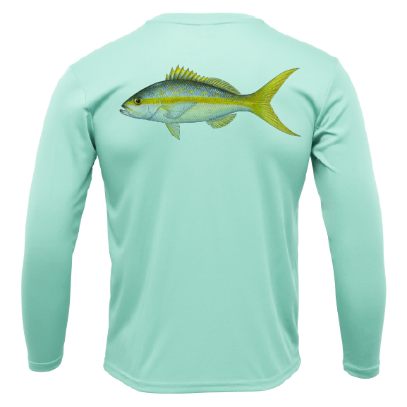 Mint green long-sleeve shirt with a fish graphic on the back against a white background