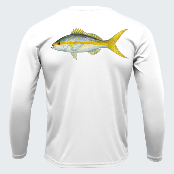 White long-sleeve shirt with a fish graphic on a white background