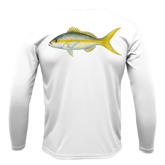 White long-sleeve shirt with a fish graphic on a white background