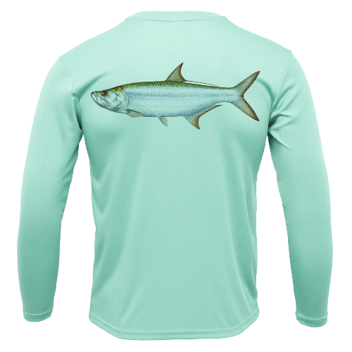 Light blue long-sleeve shirt with a fish graphic on the back against a white background