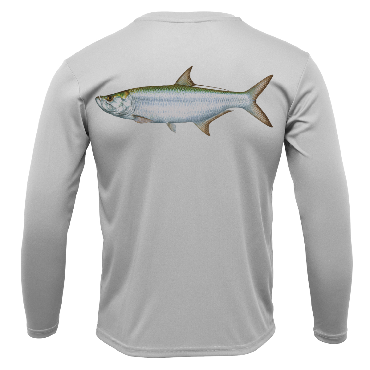 Gray long-sleeve shirt with a fish graphic on the back against a white background