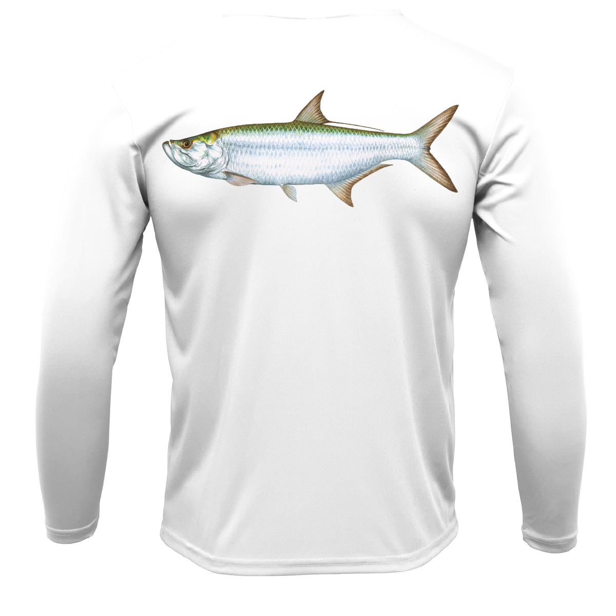 White long-sleeve shirt with a fish design on a white background