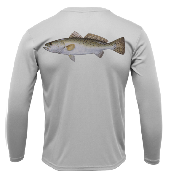 Gray long-sleeve shirt with a fish graphic on the back against a white background