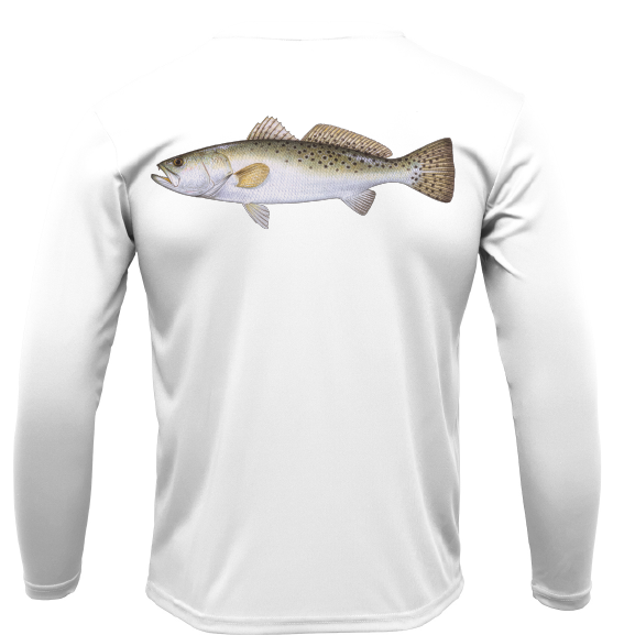 White long-sleeve shirt with a fish graphic on a white background