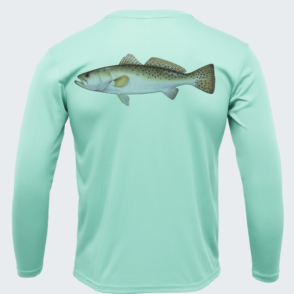 Mint green long-sleeve shirt with a fish graphic on the back against a white background