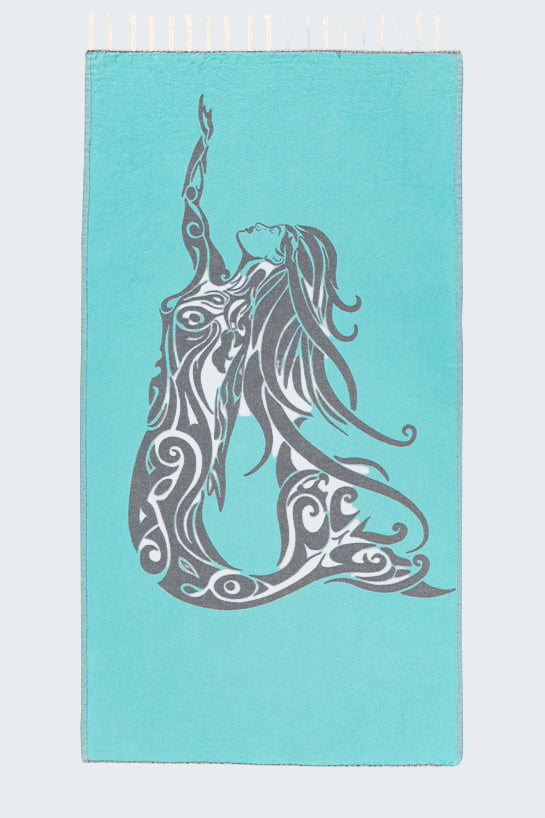 Turquoise towel with a decorative gray design of a woman on a white background