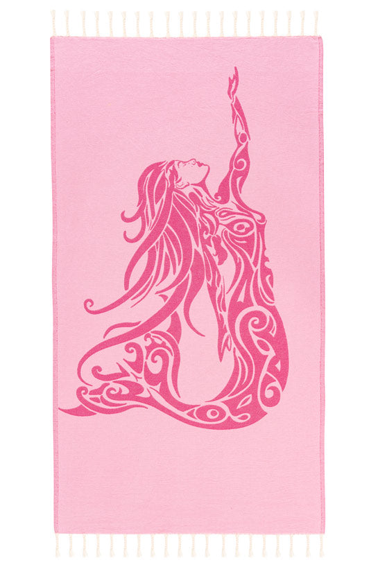 Pink towel with a decorative design of a woman on a white background
