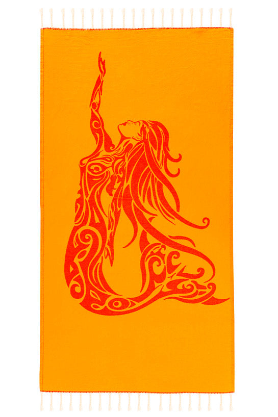 Orange towel with a red and white mermaid design on a white background