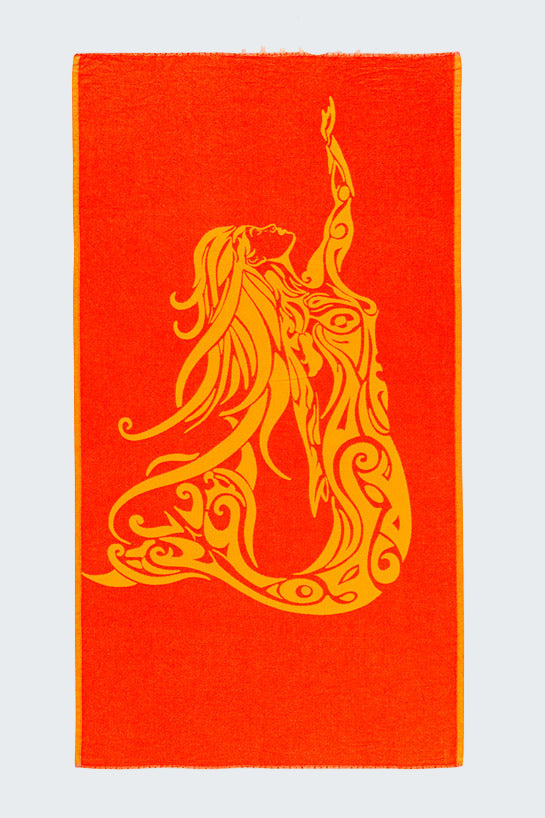 Decorative towel with a gold mermaid design on a red background