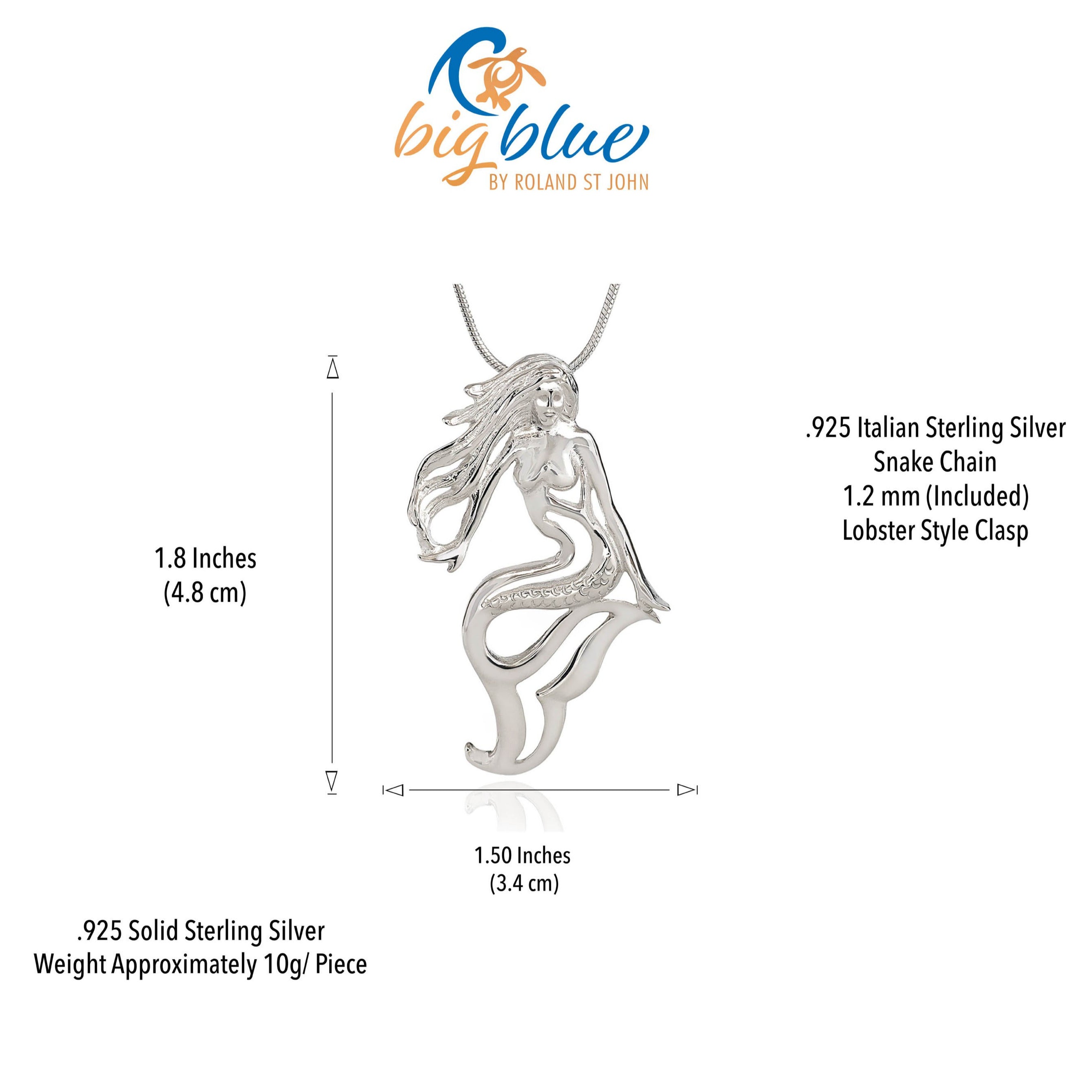 Silver mermaid pendant with chain, measurements, and 'big blue' brand logo.