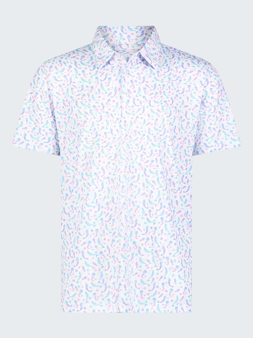 Short-sleeve shirt with a light blue floral pattern on a white background
