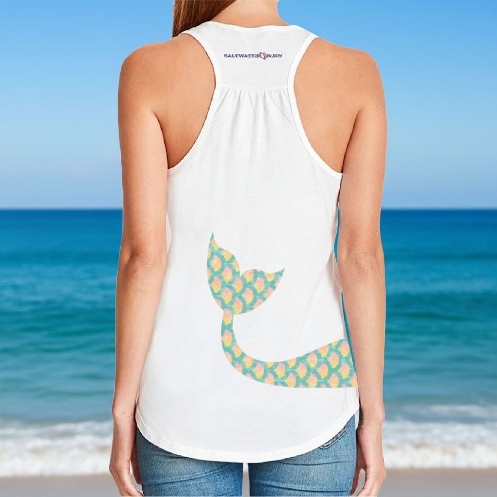 White tank top with colorful fish tail design on the back, worn by a person.
