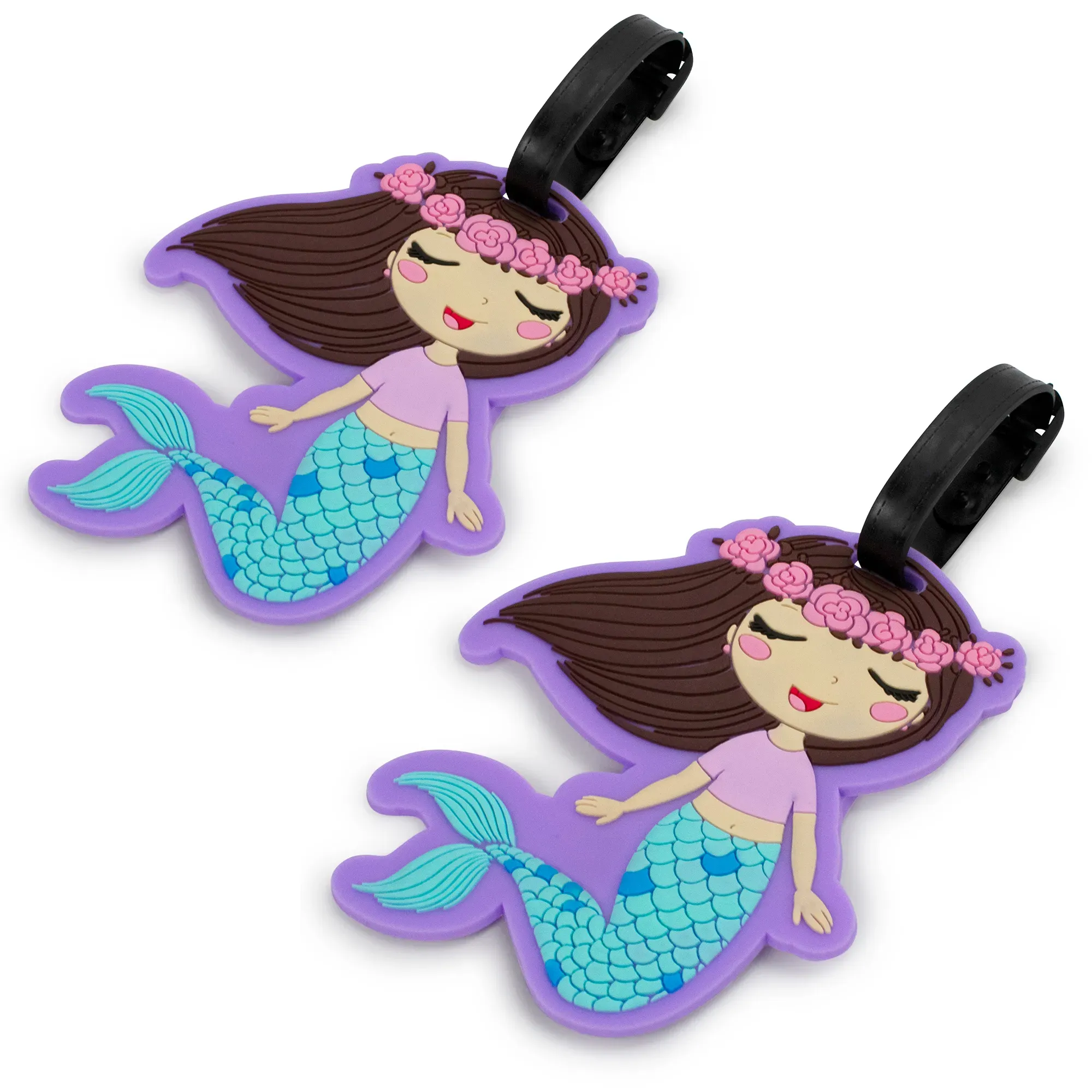 Two mermaid-themed luggage tags on a white background