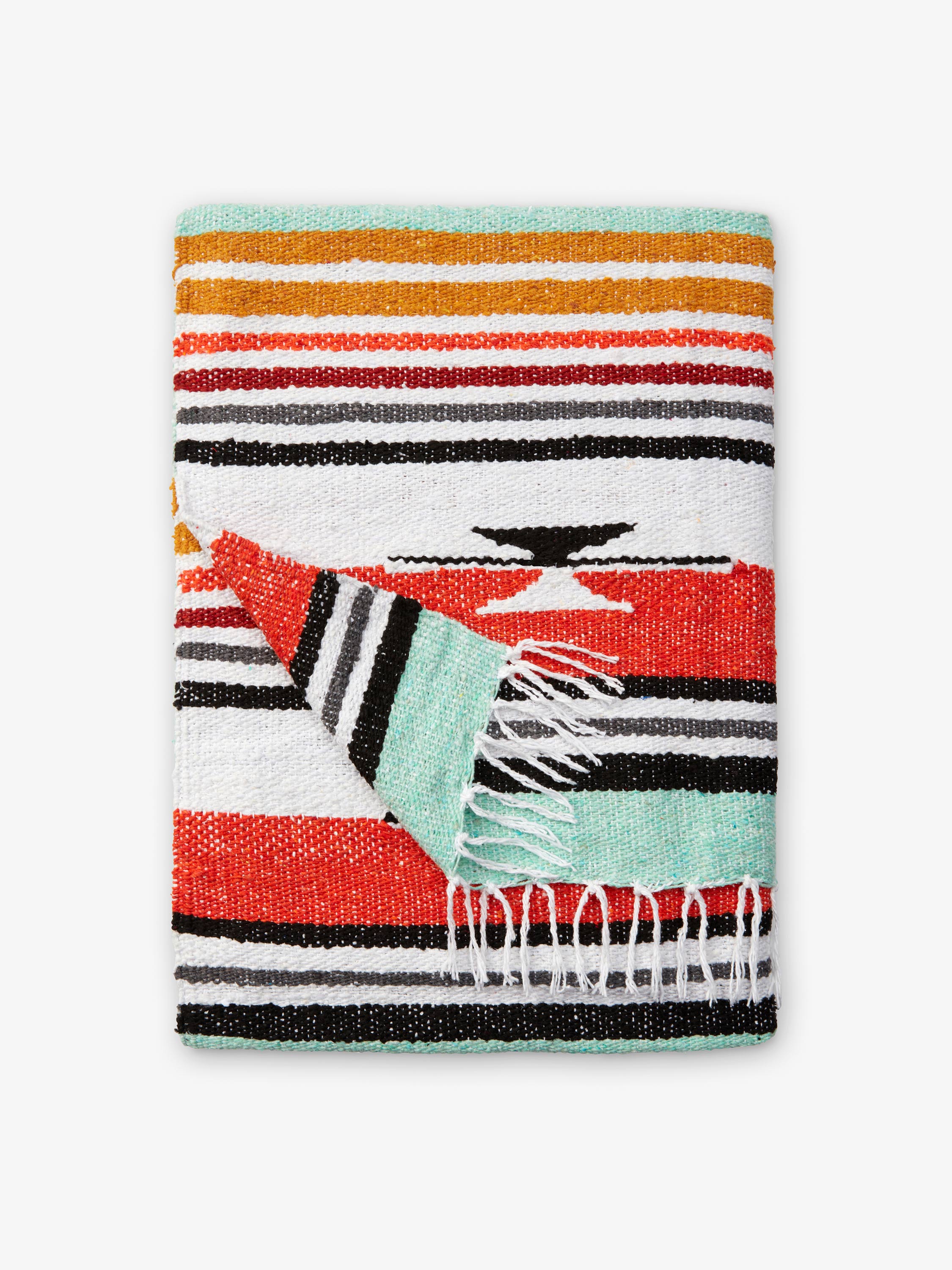 Colorful striped blanket with a geometric pattern on a white background