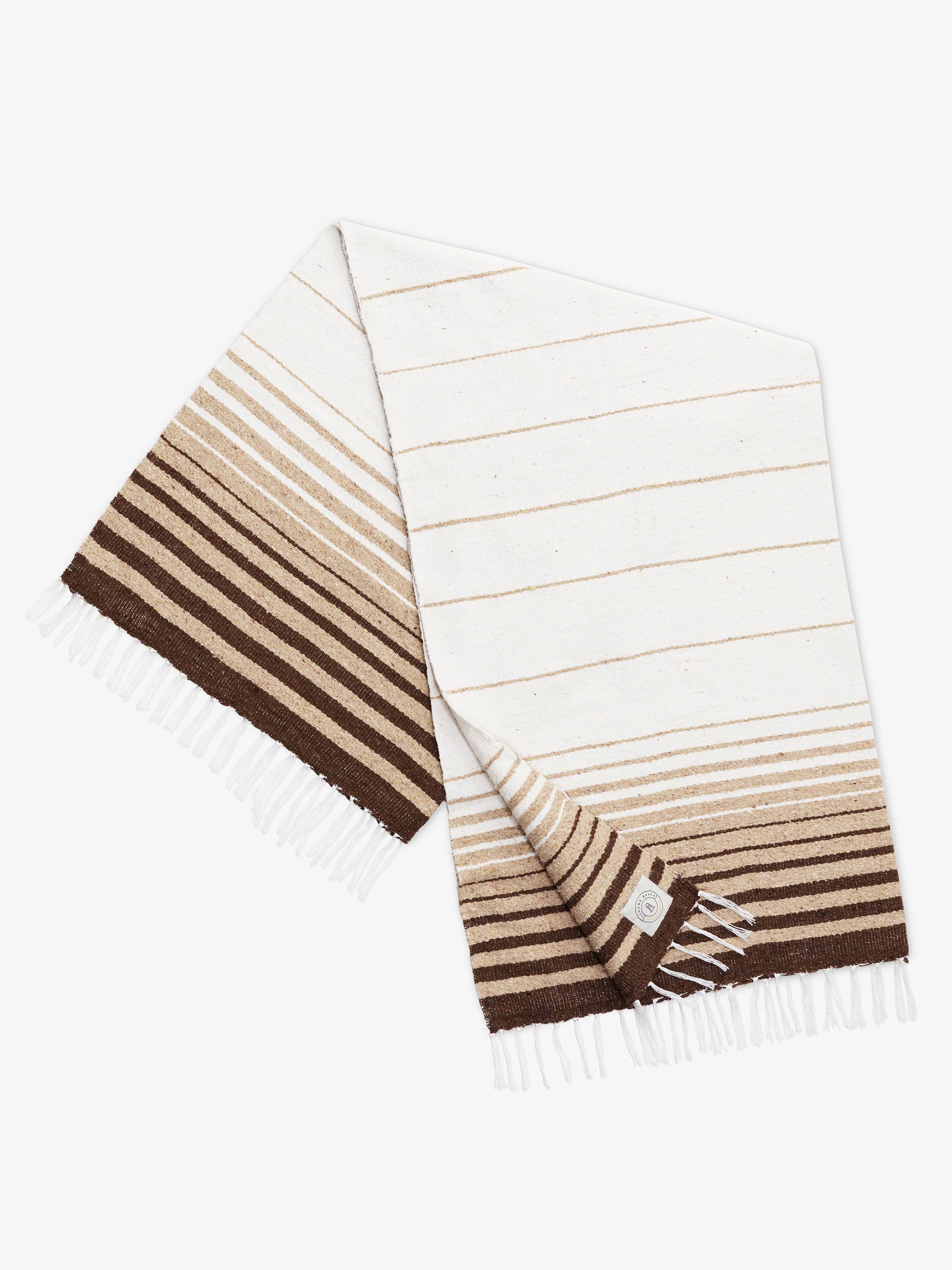 Striped scarf with brown and beige colors on a white background