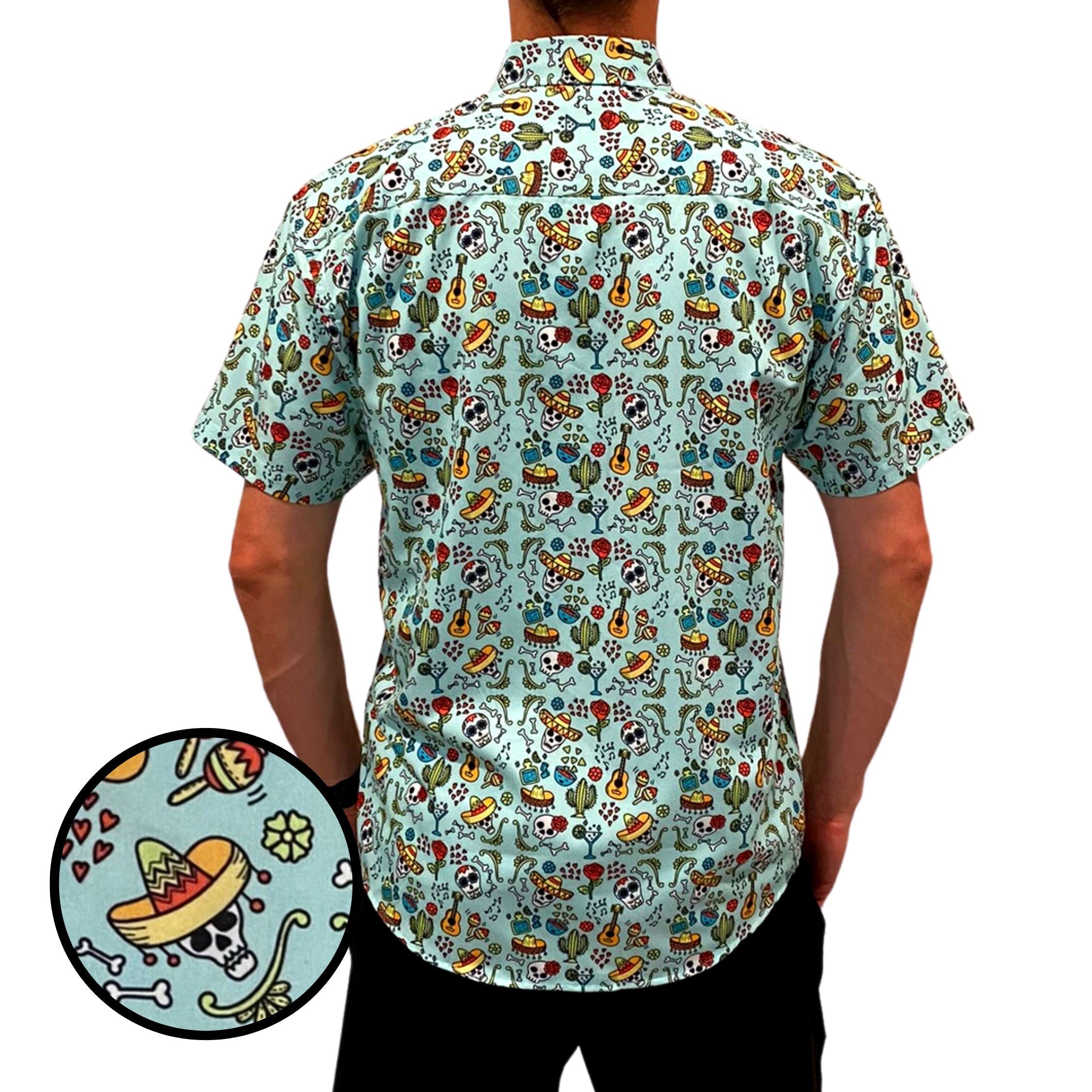 Short-sleeve shirt with colorful pattern on a white background