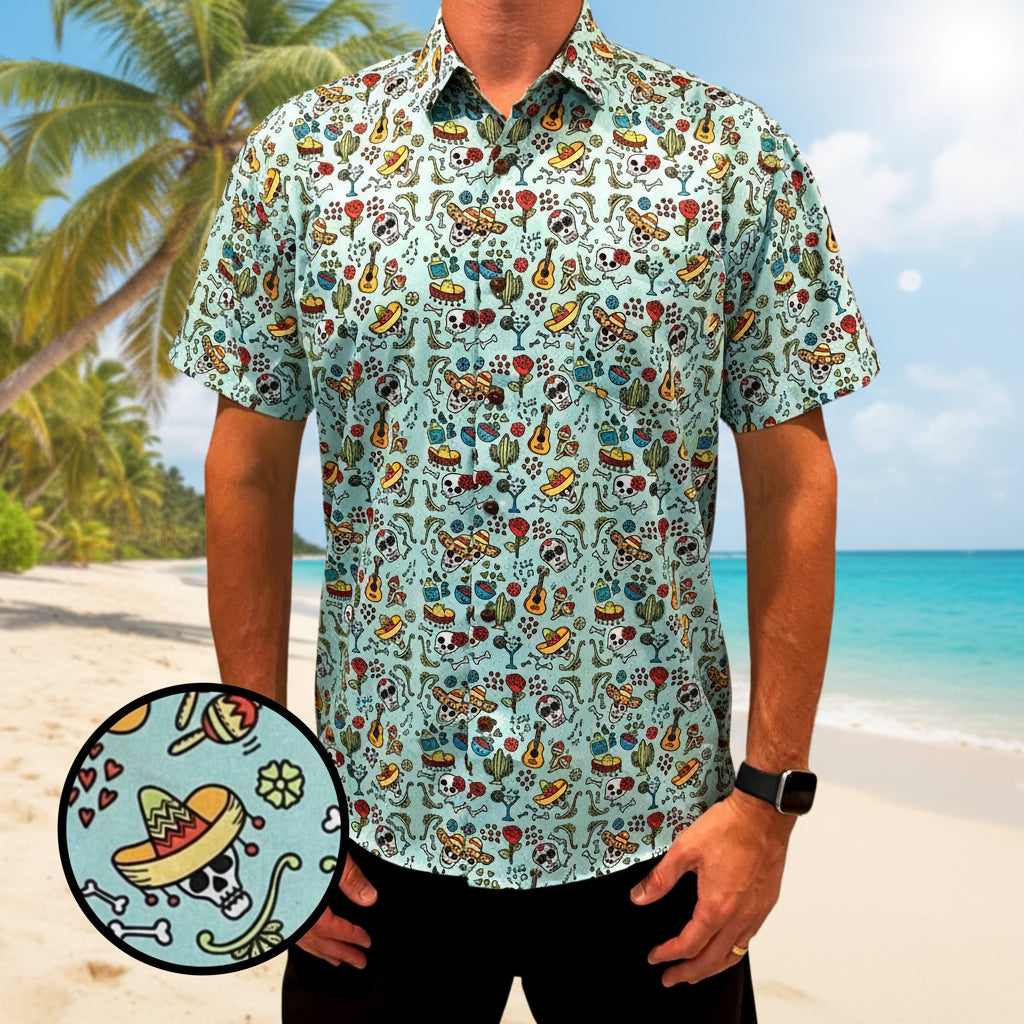 Man wearing a colorful patterned shirt with a close-up of the design on a white background