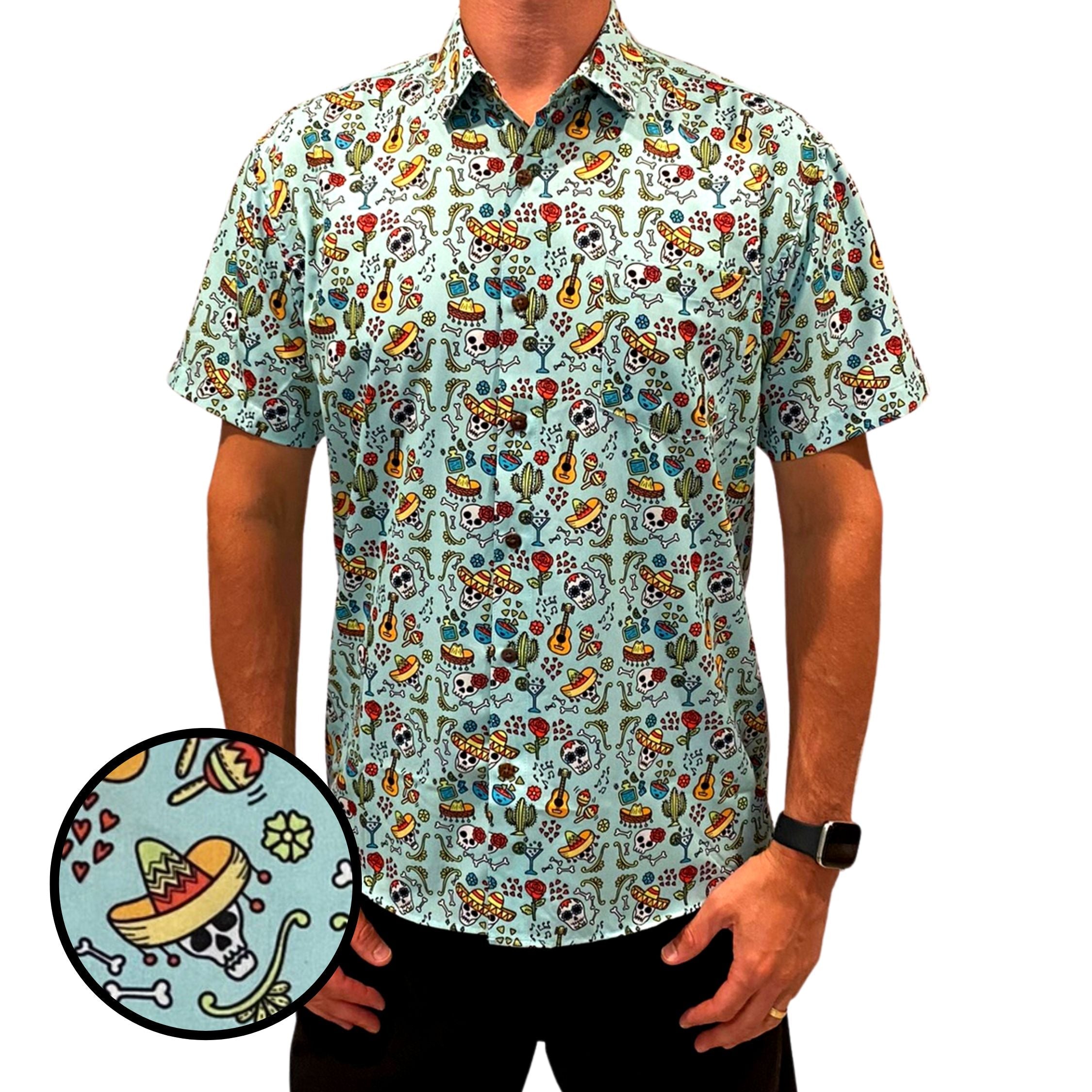 Man wearing a colorful patterned shirt with a close-up of the design on a white background
