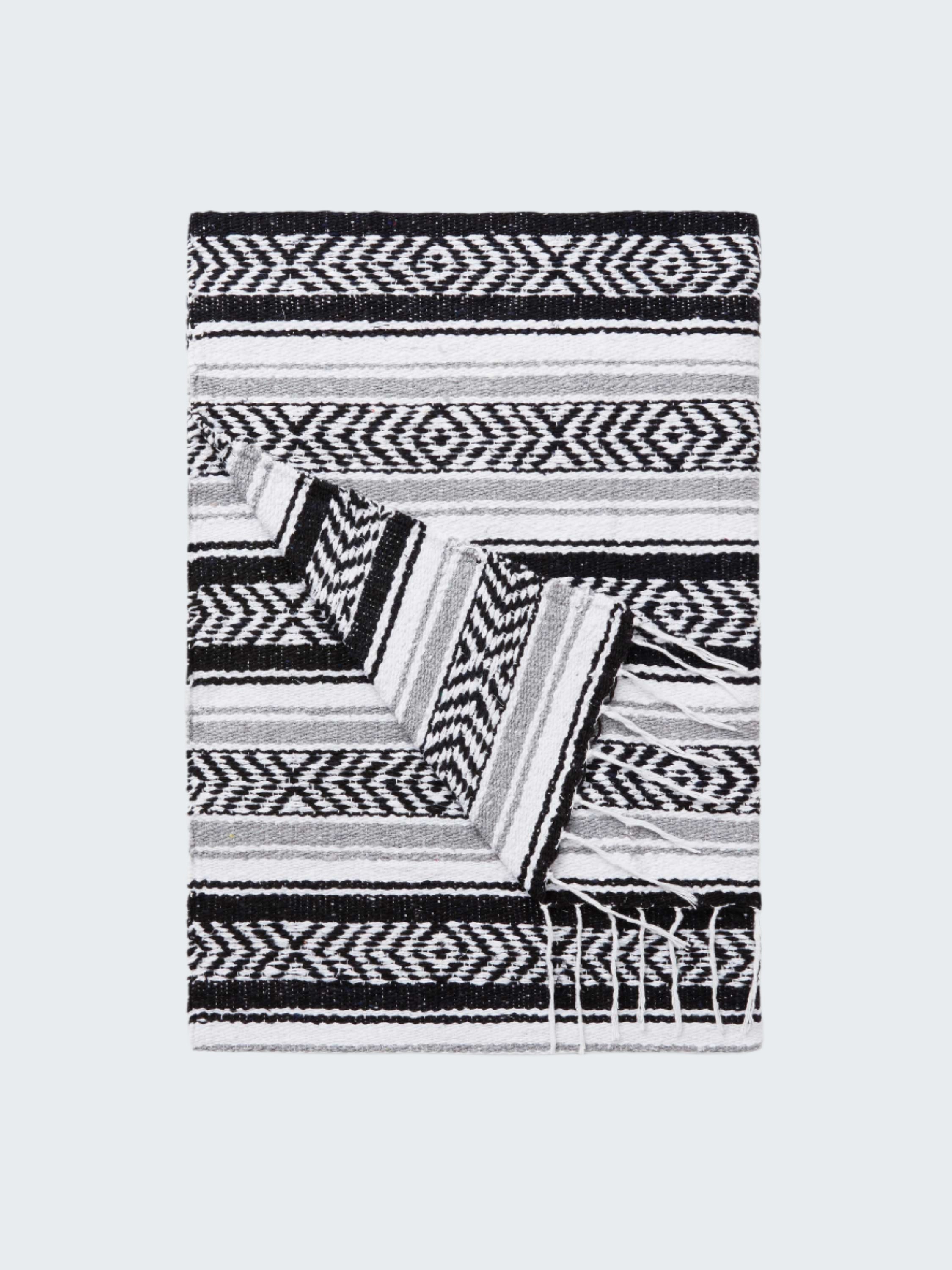 Black and white patterned blanket on a white background