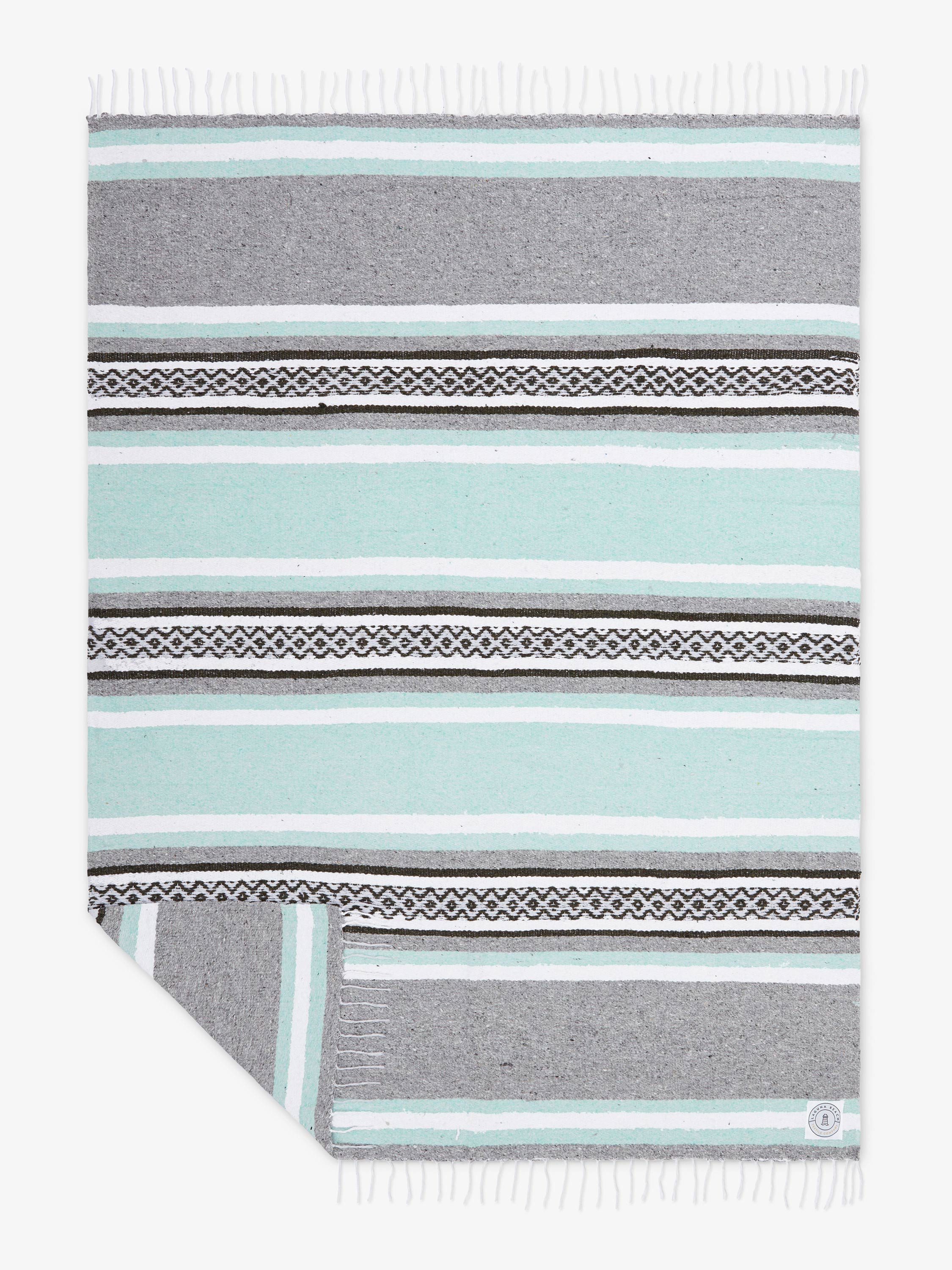 Striped blanket with gray, white, and light blue colors on a white background