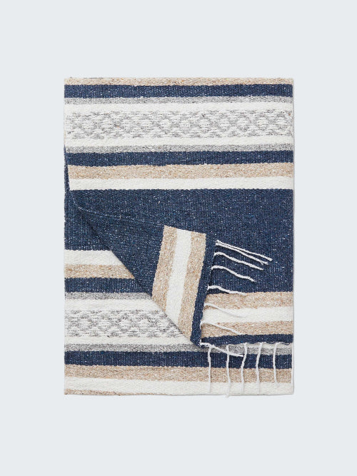Woven blanket with blue, beige, and white stripes on a white background