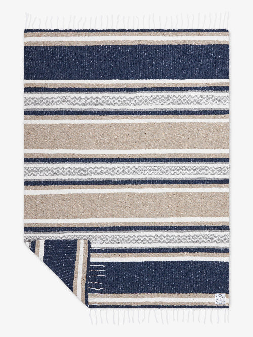 Striped blanket with blue, beige, and white pattern on a white background