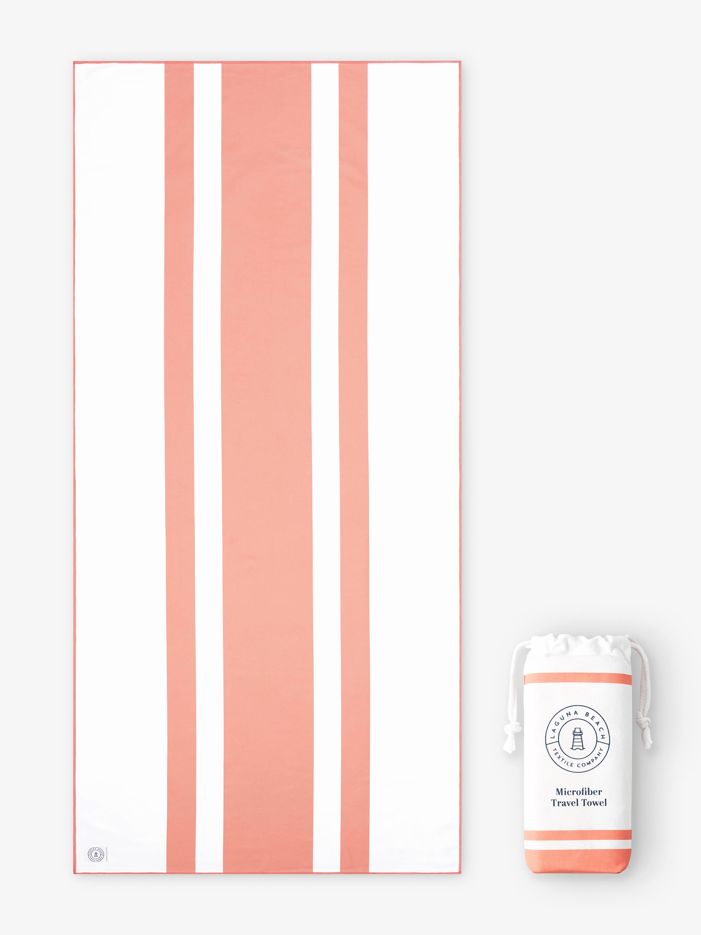 Striped towel with a small pouch on a white background