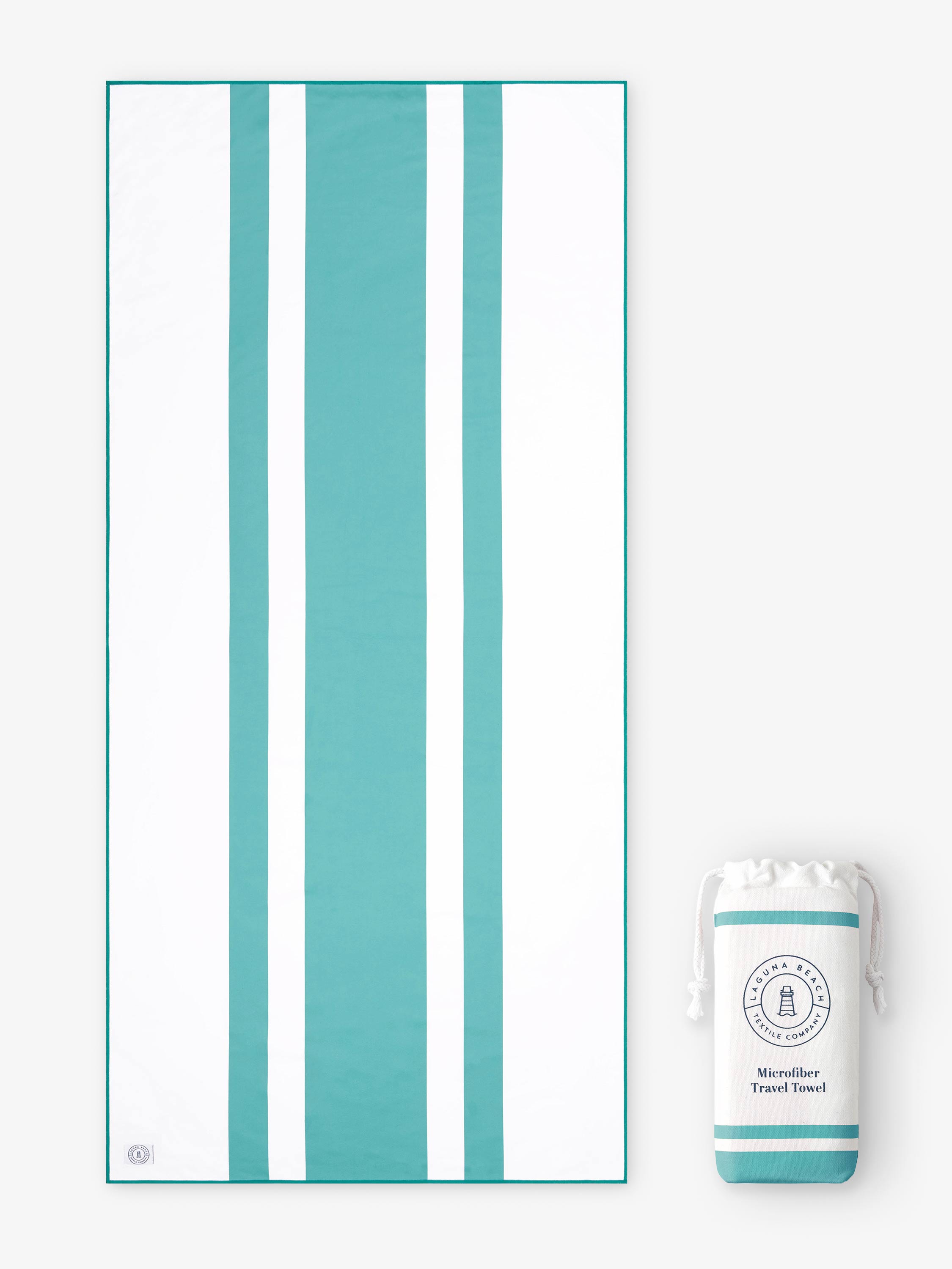 Teal and white striped towel with packaging on a white background