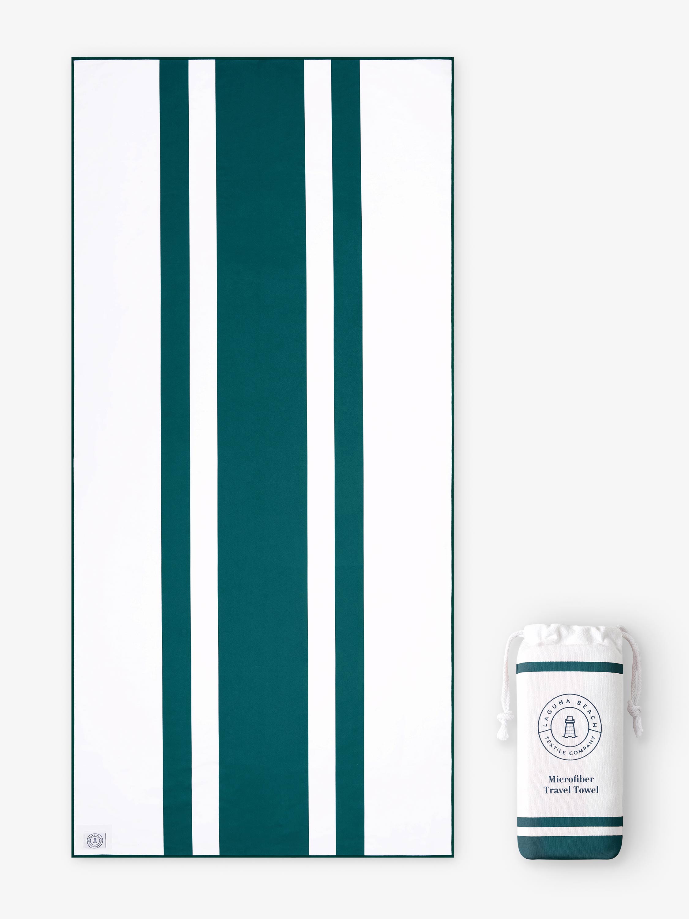 Green and white striped towel with a matching travel pouch on a white background