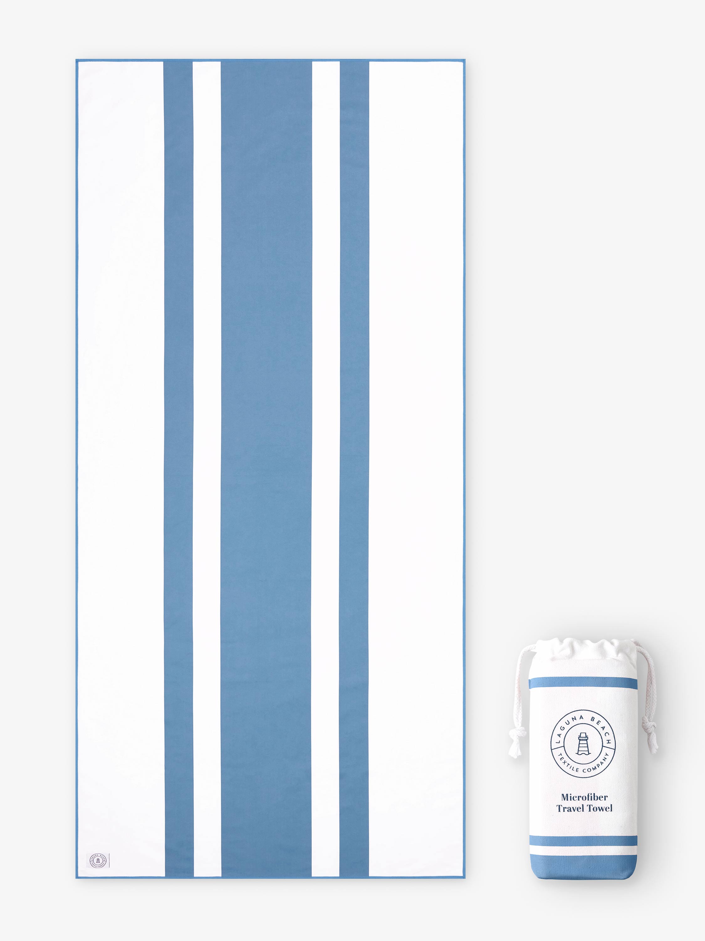Blue and white striped towel with a matching travel towel packaging on a white background