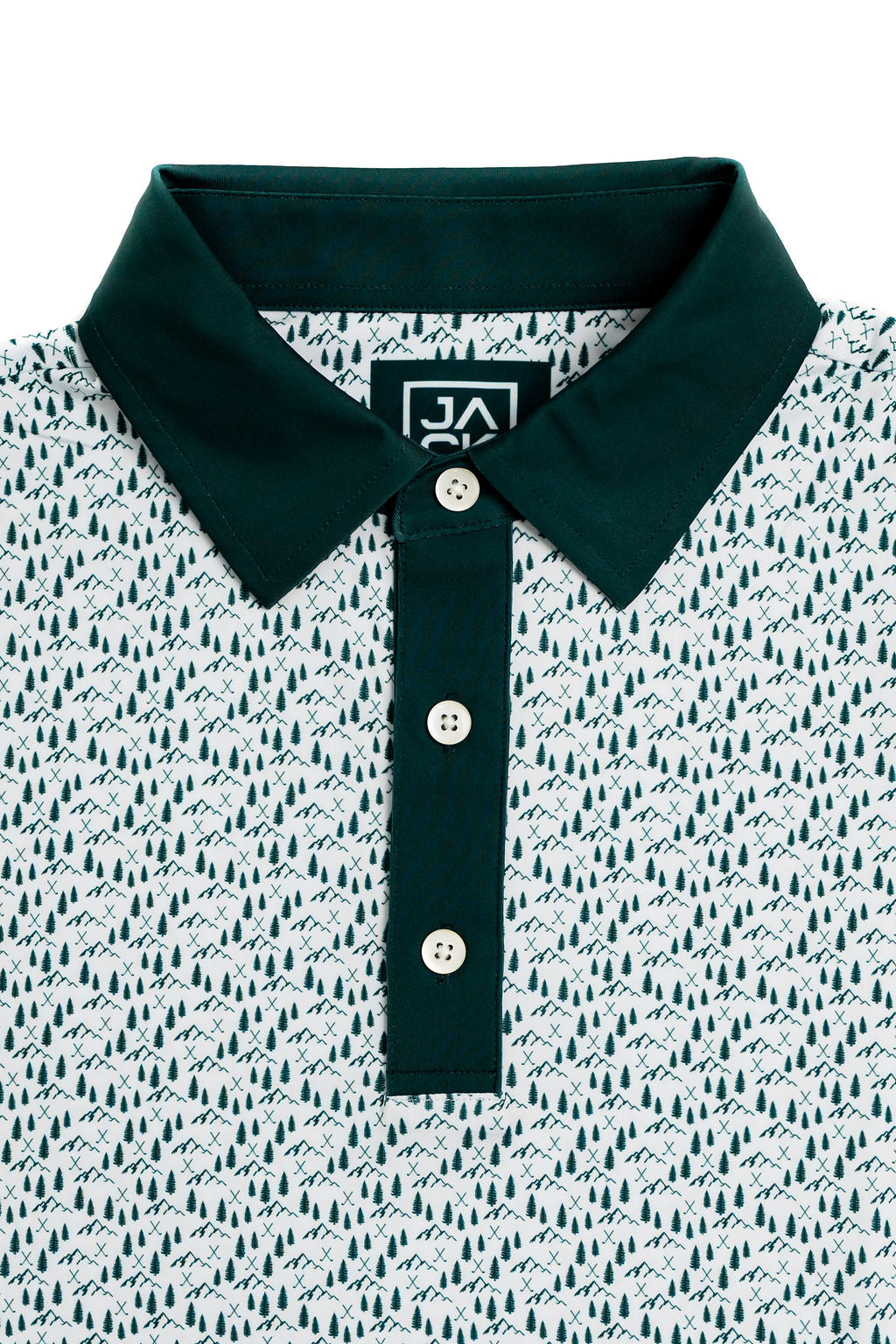 Polo shirt with a patterned design and green collar on a white background