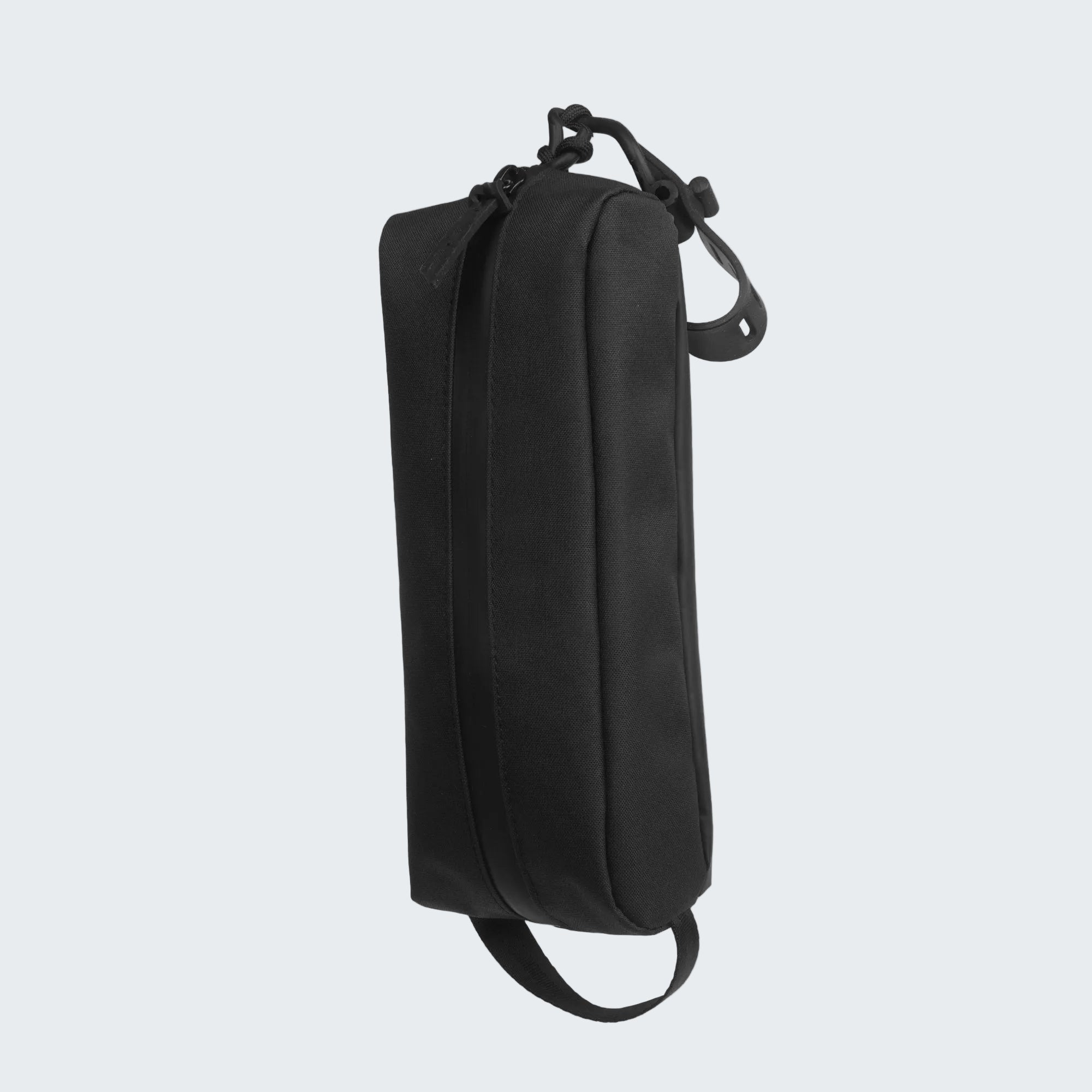 Black rectangular pouch with straps on a white background