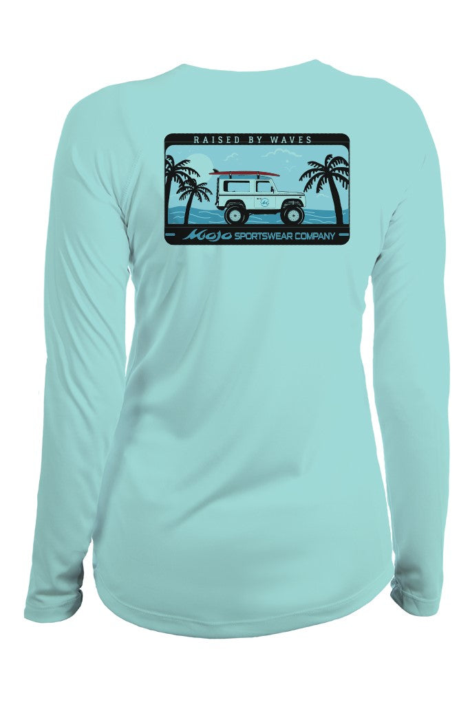Light blue long-sleeve shirt with a graphic design on the chest against a white background