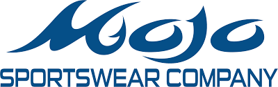 Logo of Mojo Sportswear Company with blue text on a white background
