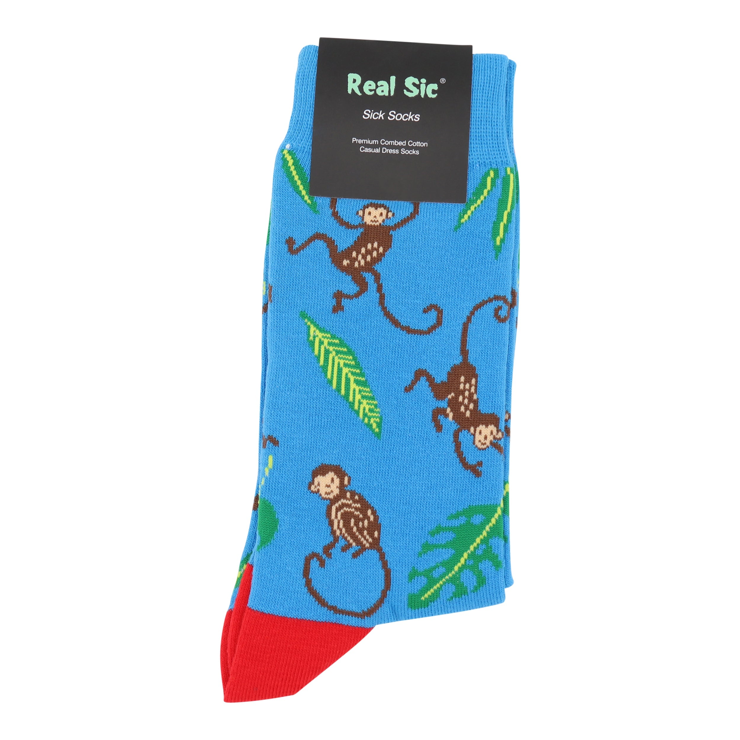 Blue sock with monkey design and red toe, featuring 'Real Sic' brand on a white background.