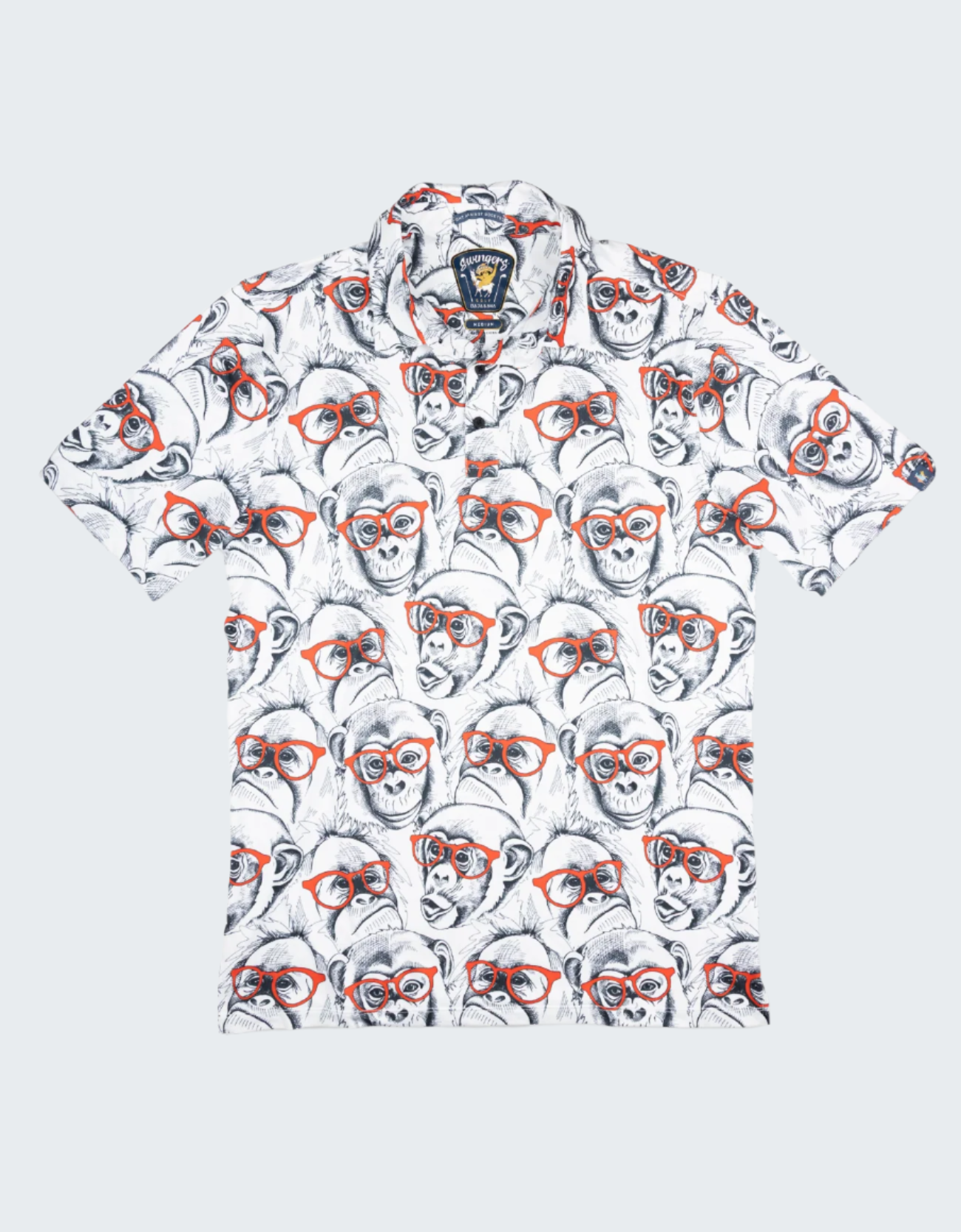 Short-sleeve shirt with monkey pattern featuring sunglasses on a white background